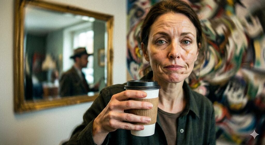 Image générée par l'IA montrant une femme tenant un gobelet, et un arrière-plan flou et illogique (reflet d'un homme dans le miroir)