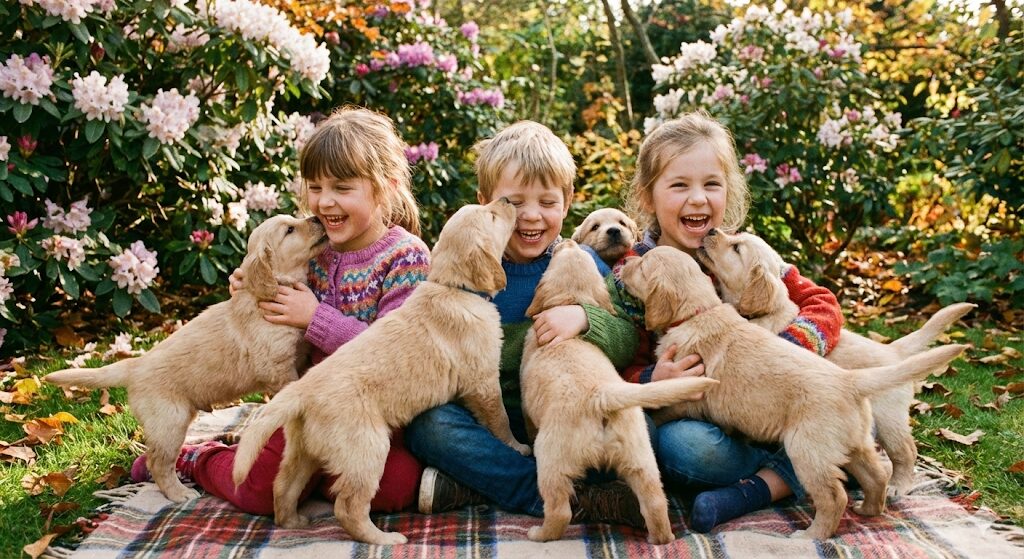 Trois jeunes enfants riant aux éclats, assis sur une couverture dans un jardin fleuri et entourés de petits chiots dorés. Il s'agit d'une image générée par l'IA d'un réalisme saisissant.