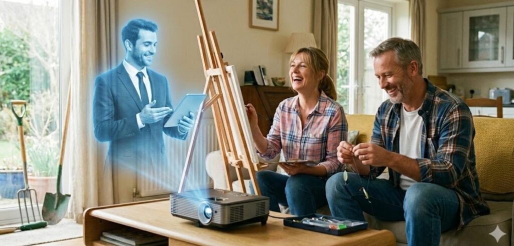 ne image en plan large montrant un couple de personnes actives dans leur cinquantaine, assis dans un salon lumineux. Une femme peint à un chevalet, tandis qu'un homme s'occupe de son matériel de pêche. Un hologramme bleu d'un assistant virtuel moderne en costume, projeté par un vidéoprojecteur sur une table basse, communique avec eux, leur faisant gagner du temps pour leurs loisirs.