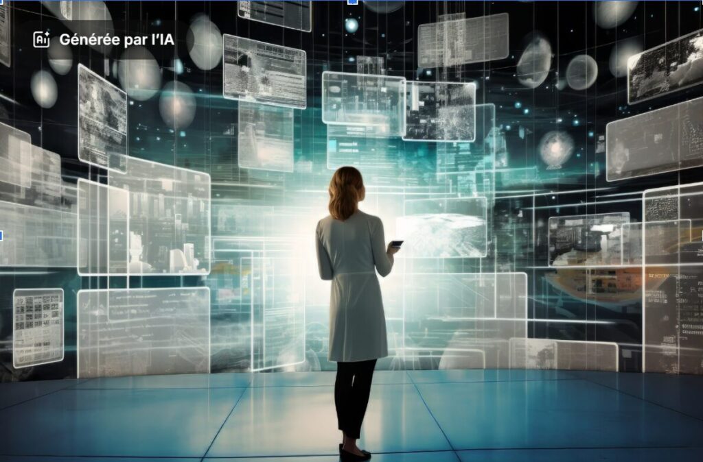 Femme de dos observant un mur d'écrans futuristes affichant des flux de données numériques, des graphiques et des interfaces logicielles.