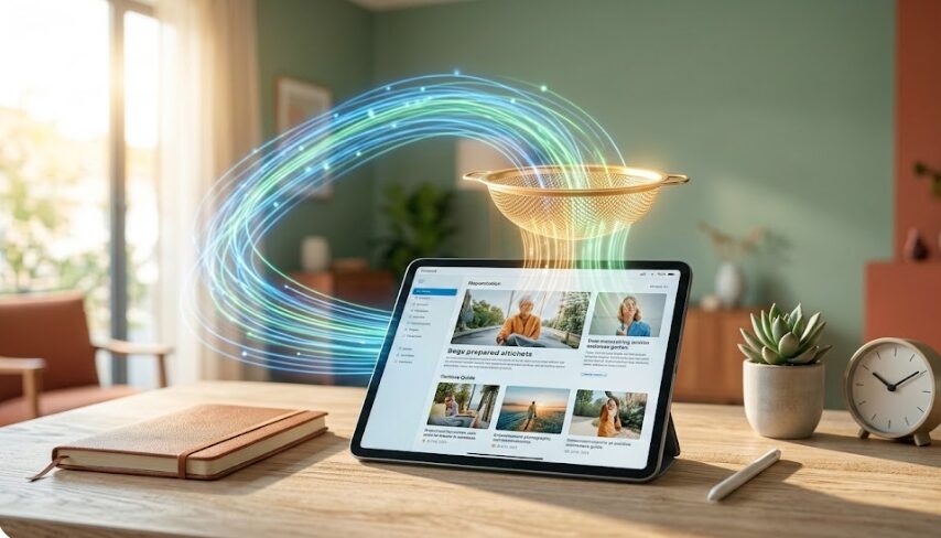 Une tablette numérique sur un bureau recevant un flux lumineux de données filtrées à travers une passoire dorée, symbolisant la curation de contenu de qualité.