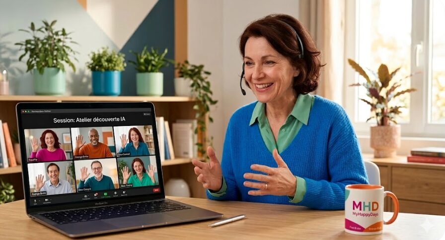 Une femme formatrice souriante avec un casque micro présente un atelier interactif en ligne sur la découverte de l'intelligence artificielle pour les seniors. Elle fait face à un écran d'ordinateur montrant une grille de 6 participants qui saluent de la main.