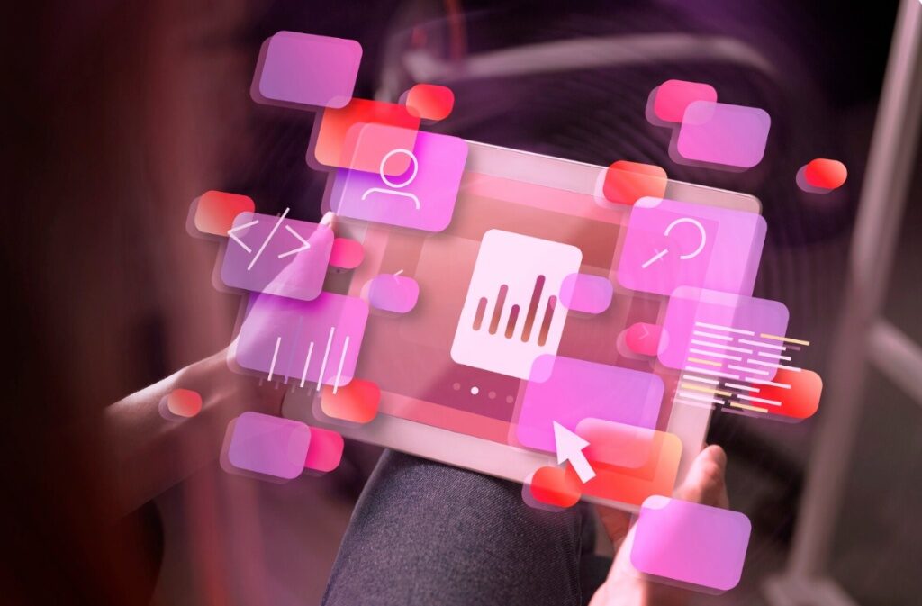 Illustration conceptuelle d'une tablette affichant des graphiques et des icônes de données statistiques en réalité augmentée.