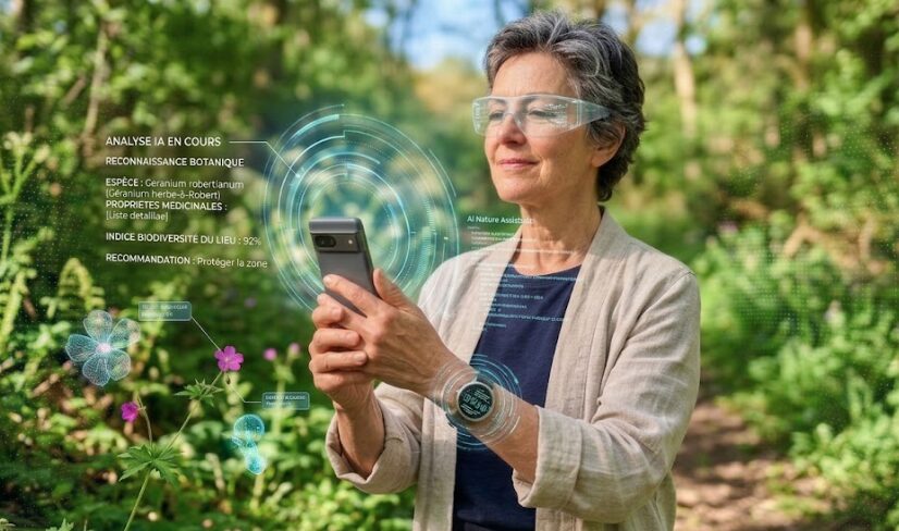 Une femme dans une forêt utilise un smartphone et des lunettes connectées affichant une interface holographique d'intelligence artificielle pour identifier une fleur de Géranium robertianum.