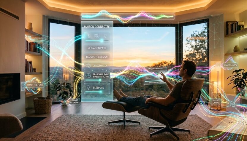 Interface holographique futuriste d'une maison connectée affichant des paramètres de bien-être et de domotique avec un homme relaxé dans un salon moderne.