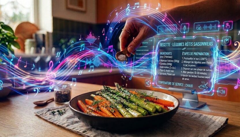 Une main assaisonne de sel un bol de légumes rôtis (asperges et carottes) dans une cuisine. Un grand écran holographique bleu affiche une recette en français pour « LÉGUMES RÔTIS SAISONNIERS », tandis que des ondes sonores et des notes de musique flottantes et colorées (rose, violet) jaillissent en arrière-plan.