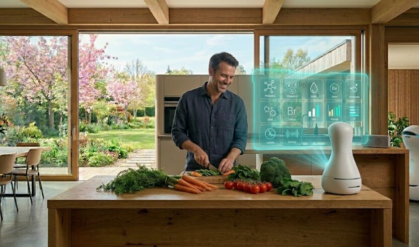 Homme cuisinant des légumes frais dans une cuisine moderne avec une interface holographique de nutrition projetée par un assistant domestique intelligent.