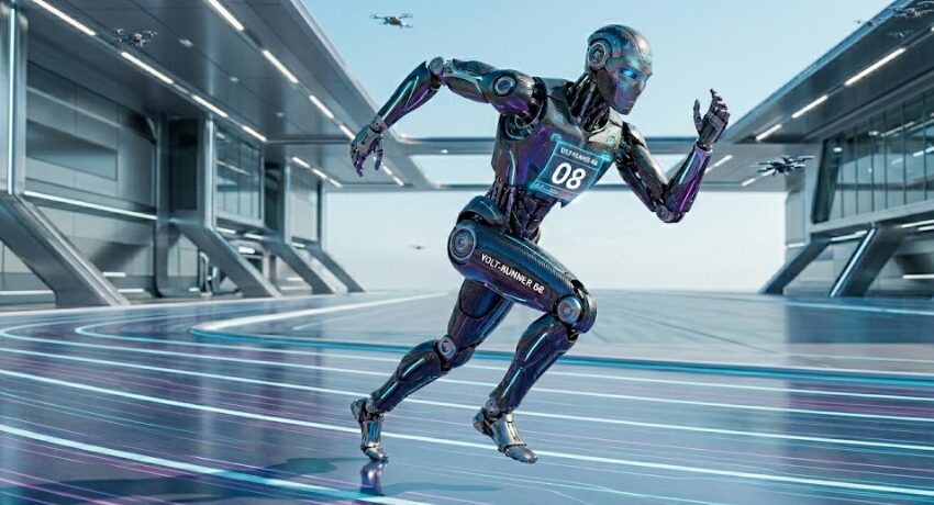 Robot humanoïde futuriste en pleine course de sprint sur une piste d'athlétisme high-tech avec des drones en arrière-plan.