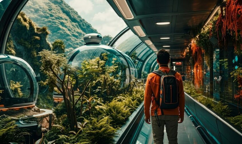 Homme avec sac à dos marchant dans un tunnel en verre futuriste rempli de végétation luxuriante et de biosphères.