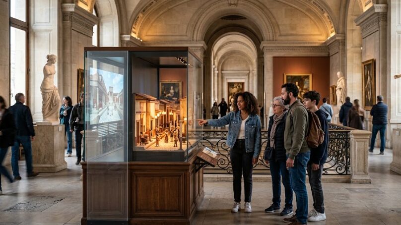 Groupe de visiteurs examinant une maquette historique interactive dans une grande galerie de musée avec des statues classiques en arrière-plan.