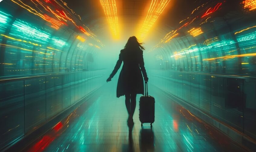 Silhouette d'une femme voyageuse avec une valise marchant dans un tunnel futuriste aux traînées lumineuses cyan et orange, style exposition longue.