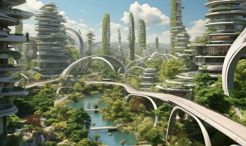 Vue panoramique d'une ville futuriste écologique avec des gratte-ciel organiques couverts de jardins suspendus, une rivière et des passerelles courbes.