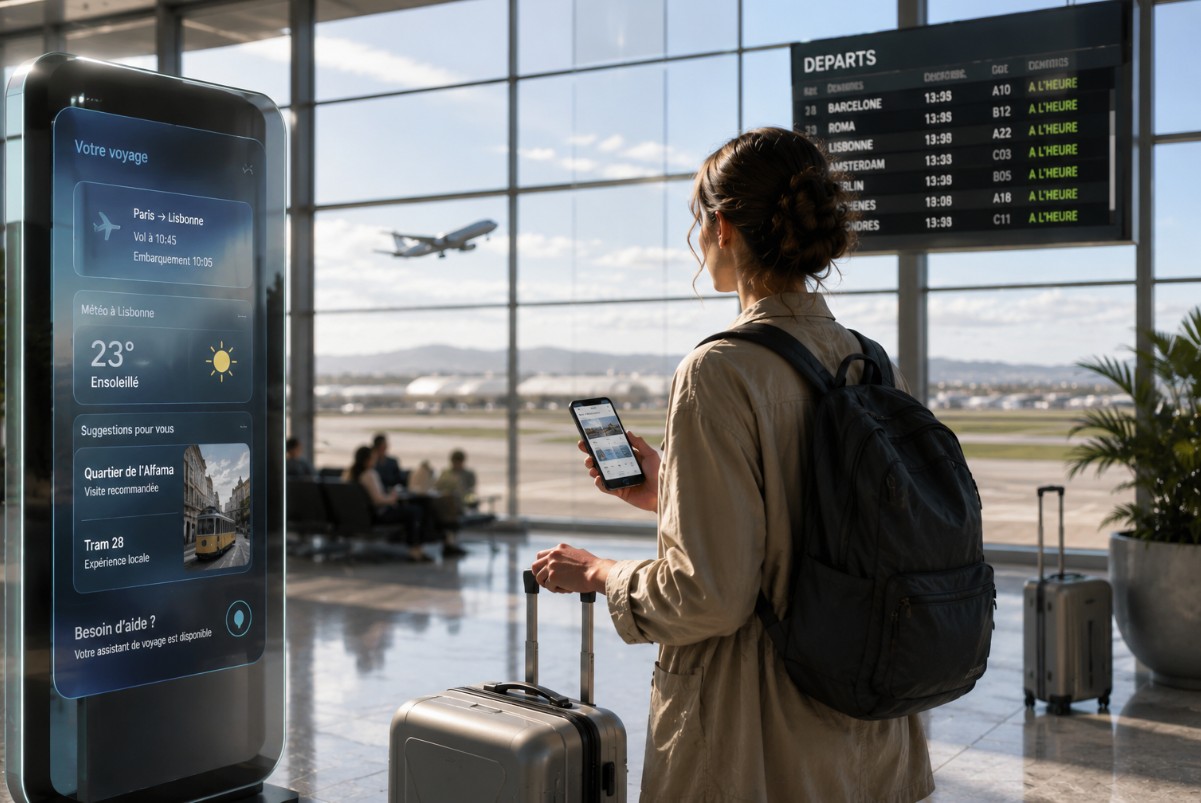 Voyageuse à l'aéroport consultant une borne interactive affichant son itinéraire de vol vers Lisbonne et des recommandations touristiques personnalisées.