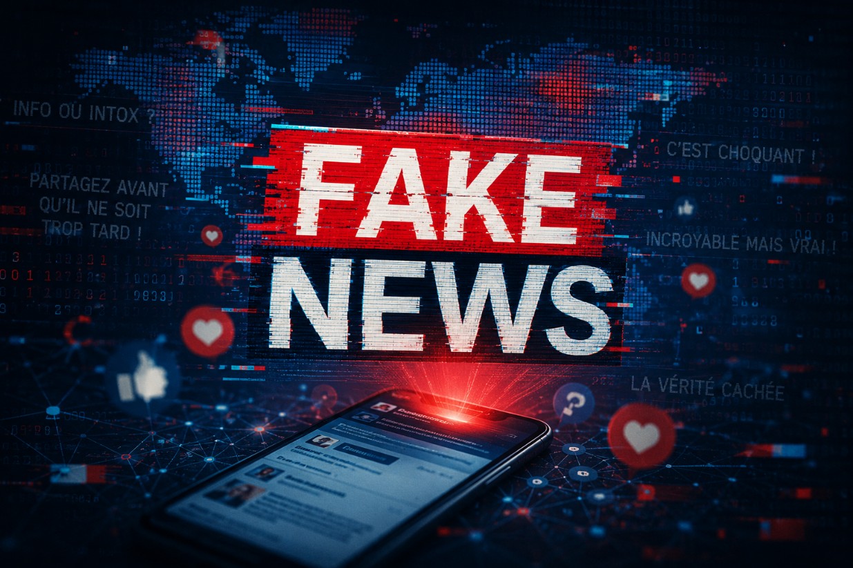 Illustration sur les fake news et la désinformation virale propagée par les réseaux sociaux et l’intelligence artificielle