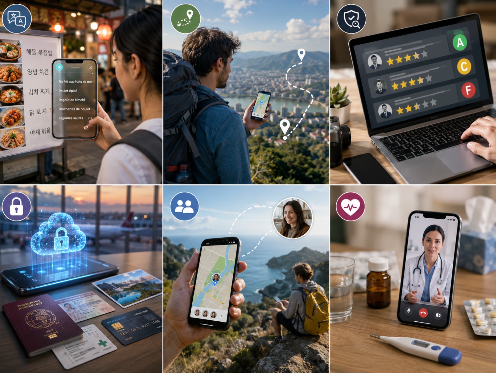 Collage de 6 images présentant les fonctionnalités d'une application de voyage : traduction de menu, GPS, avis clients, sécurité des documents, géolocalisation de proches et téléconsultation médicale.