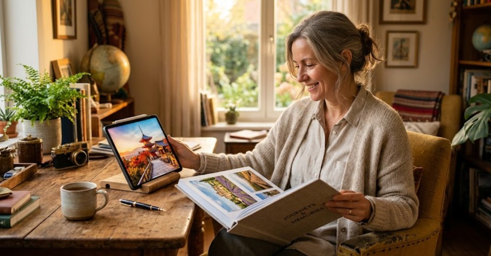 Femme souriante à son bureau créant un album photo de voyage papier à partir des photos de sa tablette.
