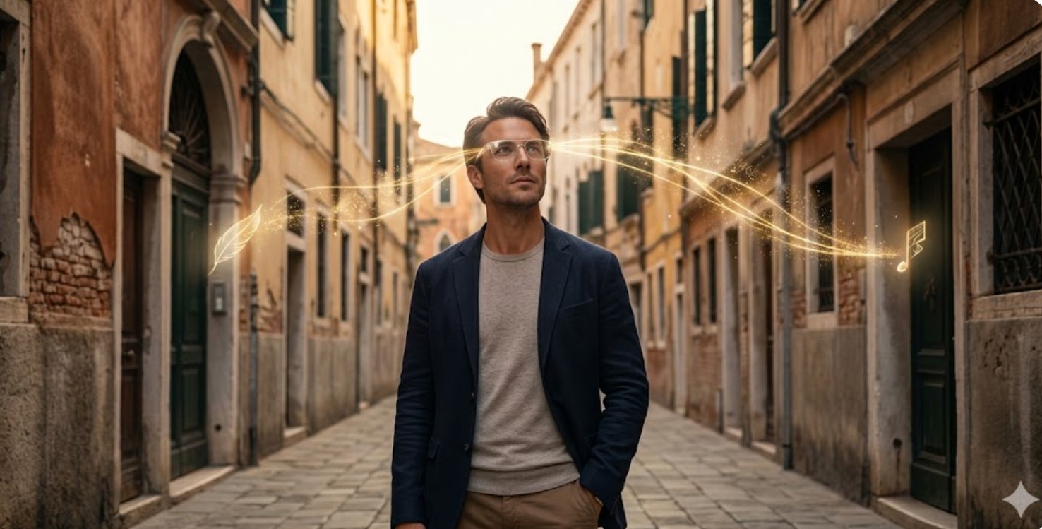 Homme portant des lunettes connectées avec effets de réalité augmentée dans une ruelle historique de Venise.