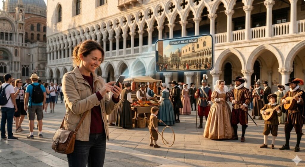Touriste utilisant une application de réalité augmentée sur son smartphone pour voir la place Saint-Marc à Venise au XVIIe siècle.