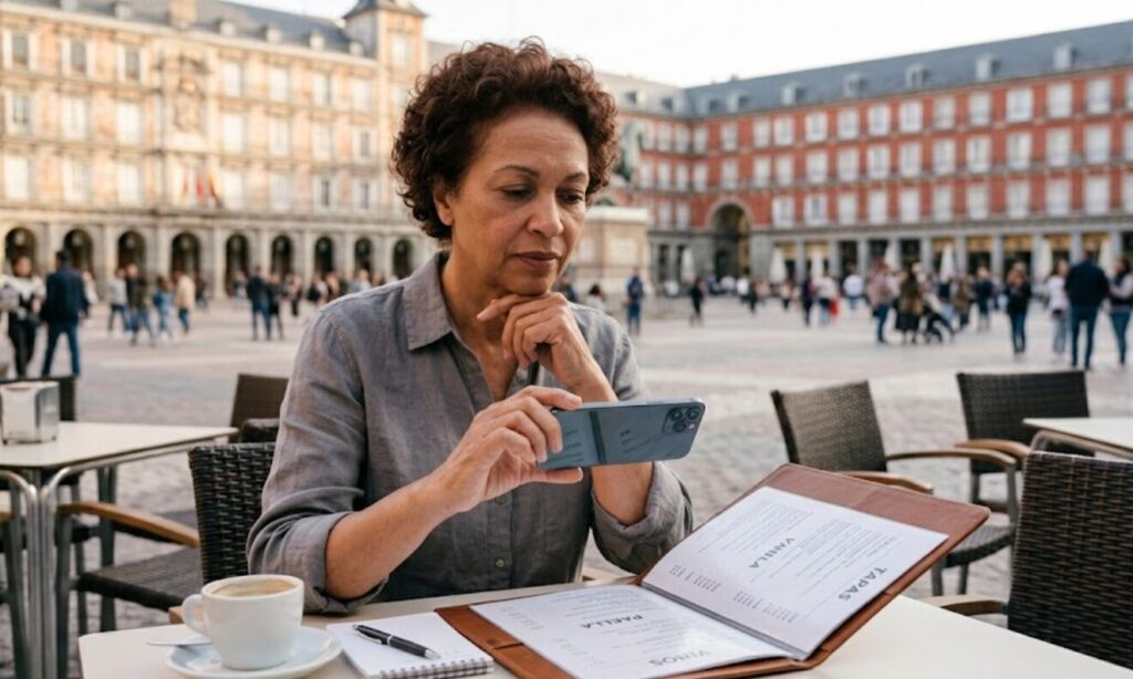Femme prenant le menu du restaurant en photo.
