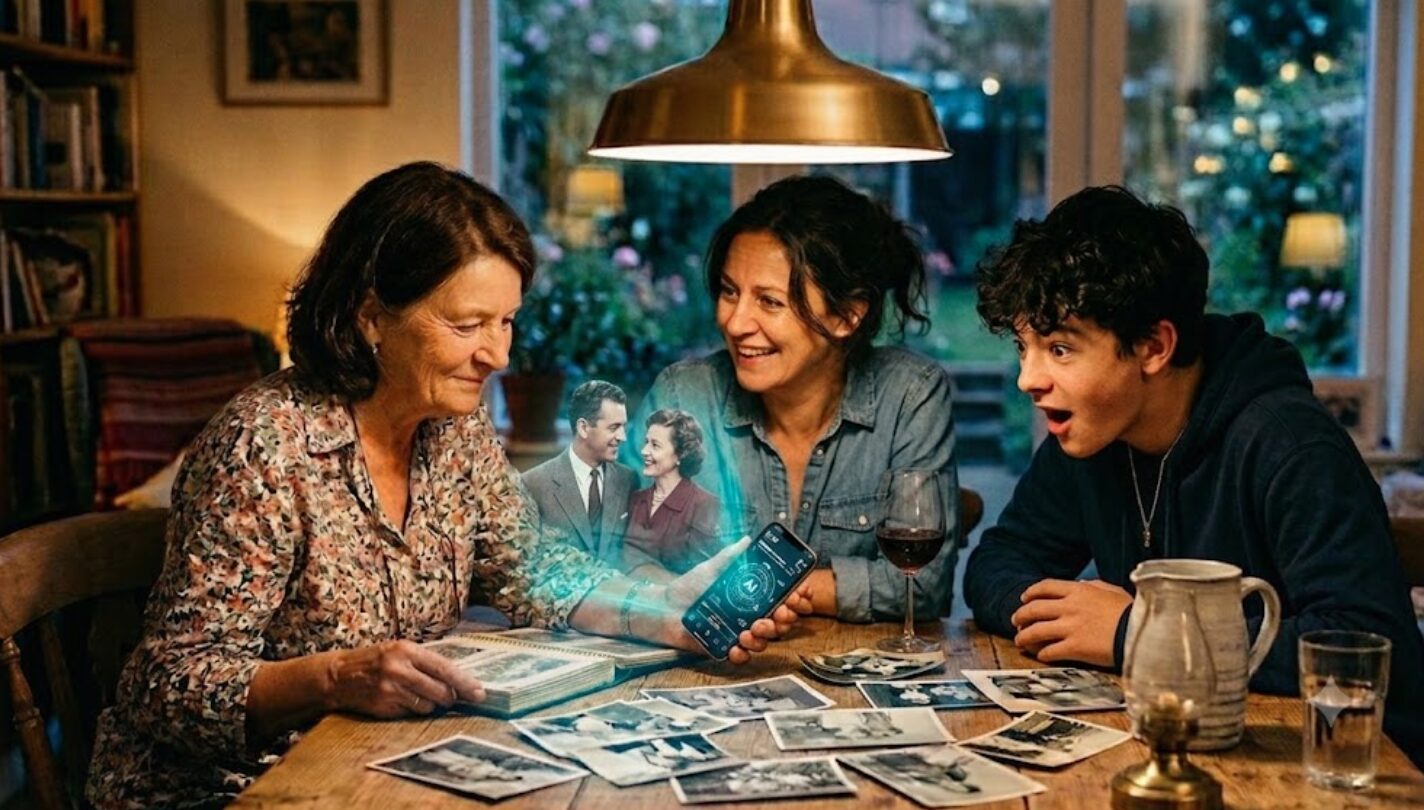 Trois générations d'une famille (une grand-mère, une mère et un adolescent) regardent avec émerveillement la projection holographique en 3D d'un couple d'ancêtres qui s'échappe d'un smartphone posé sur un vieil album photo.