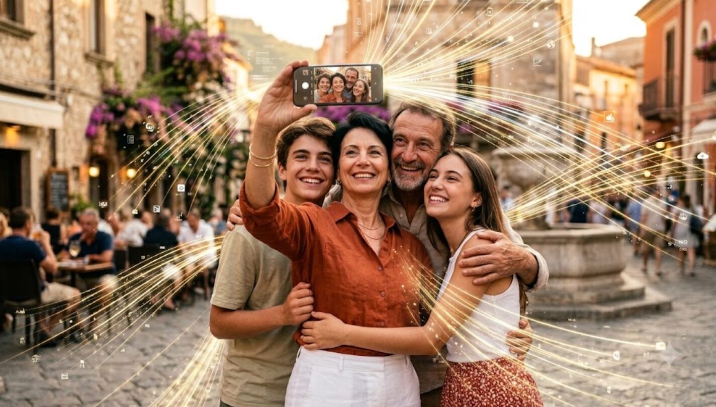 Une famille de quatre personnes sourit en prenant un selfie avec un smartphone dans une rue historique, entourée de faisceaux lumineux dorés symbolisant les bons moments filmés lors du voyage.