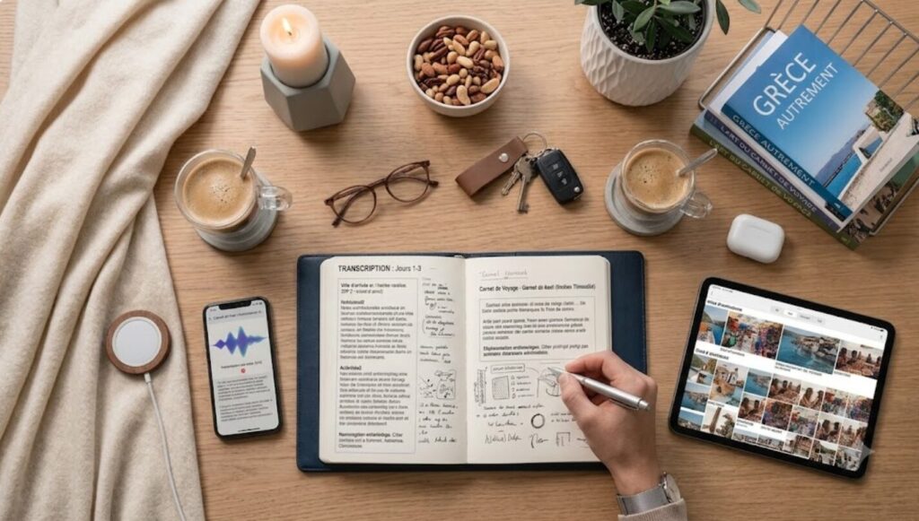 Vue de dessus d'un bureau en bois où une main écrit dans un carnet de voyage ouvert. Autour, un smartphone affiche une application de transcription audio, une tablette montre des photos de Grèce, et on aperçoit des guides de voyage, deux cafés, des lunettes et une bougie.