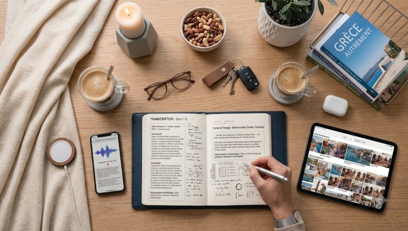 Vue de dessus d'un bureau en bois où une main écrit dans un carnet de voyage ouvert. Autour, un smartphone affiche une application de transcription audio, une tablette montre des photos de Grèce, et on aperçoit des guides de voyage, deux cafés, des lunettes et une bougie.