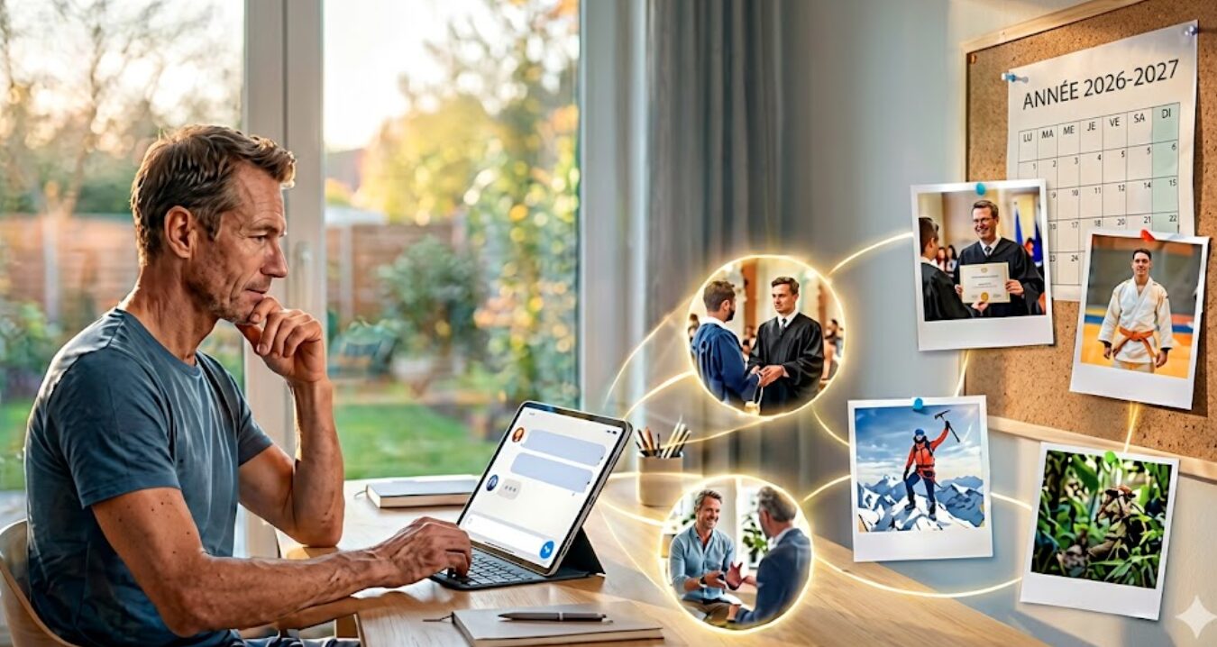 Un homme réfléchit à son bureau devant une tablette, entouré de souvenirs photographiques connectés qui flottent et sont épinglés, montrant des diplômes, des réunions professionnelles, du sport et des voyages. Un calendrier "ANNÉE 2026-2027" est visible sur un panneau de liège.