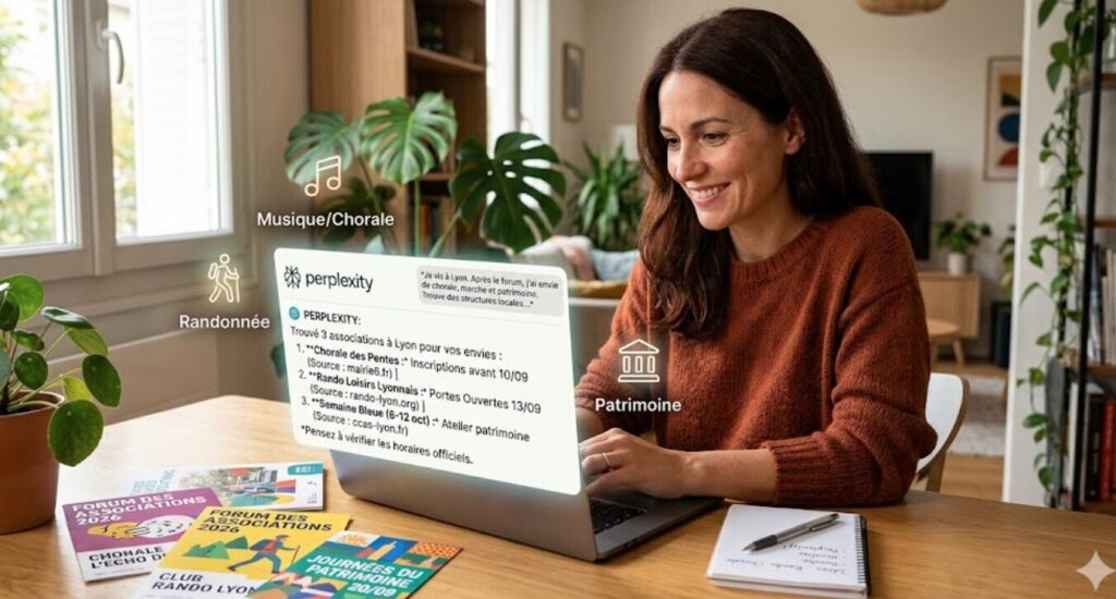 Une femme souriante à son bureau tape sur un ordinateur portable. Devant elle flotte un écran transparent affichant une recherche d'assistant IA pour des associations de chorale, de randonnée et de patrimoine à Lyon. Des icônes flottantes et des brochures sur le bureau renforcent les thèmes.