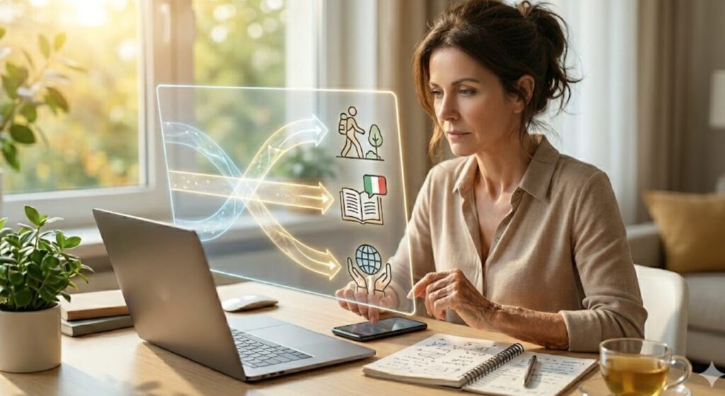 Femme assise à son bureau devant un ordinateur portable, regardant attentivement une interface holographique transparente qui affiche des icônes de randonnée, d'apprentissage de l'italien et d'un globe terrestre.