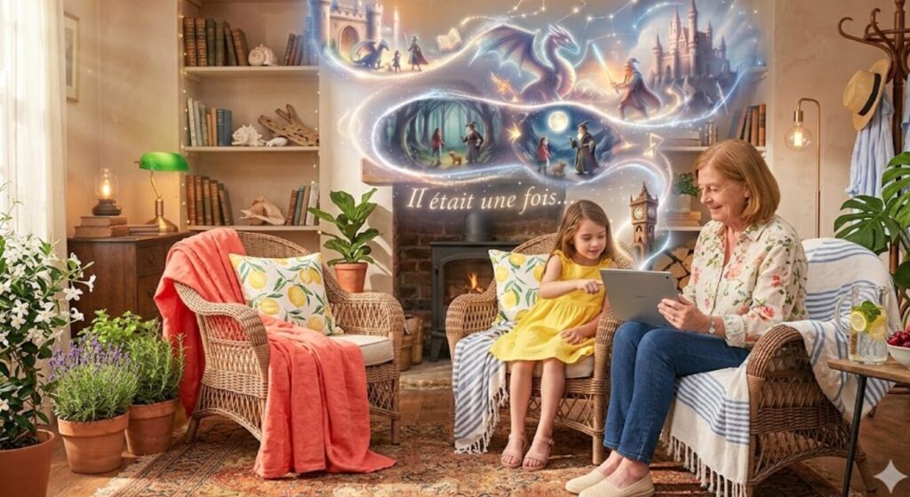Une grand-mère et sa petite-fille assises dans un salon confortable, interagissant avec une tablette. Une traînée lumineuse magique s'échappe de l'écran, illustrant un conte de fées avec un dragon, un château et le texte 'Il était une fois...