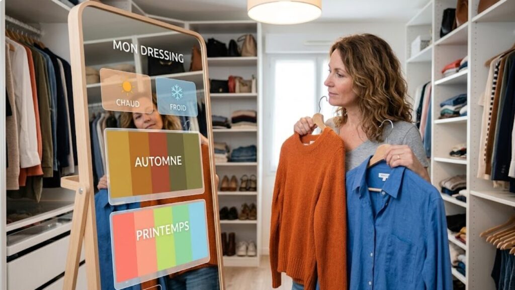Une femme élégante dans son dressing compare un pull de couleur terracotta et une chemise bleu roi devant son miroir, en utilisant l'application d'analyse de colorimétrie par intelligence artificielle de My Happy Days sur son smartphone.