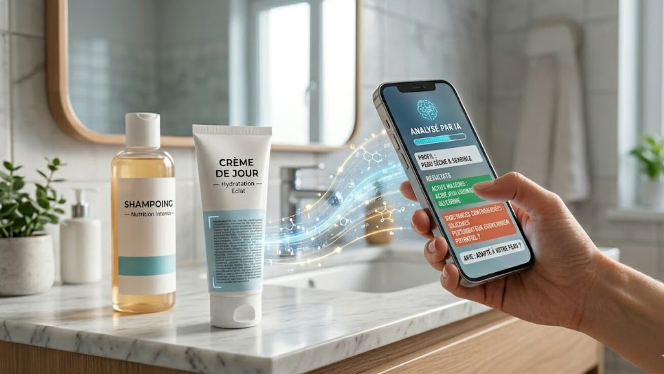 Une main tient un smartphone affichant l'analyse par intelligence artificielle de la composition d'une crème de jour et d'un shampoing dans une salle de bain lumineuse, illustrant le décryptage personnalisé des ingrédients cosmétiques.