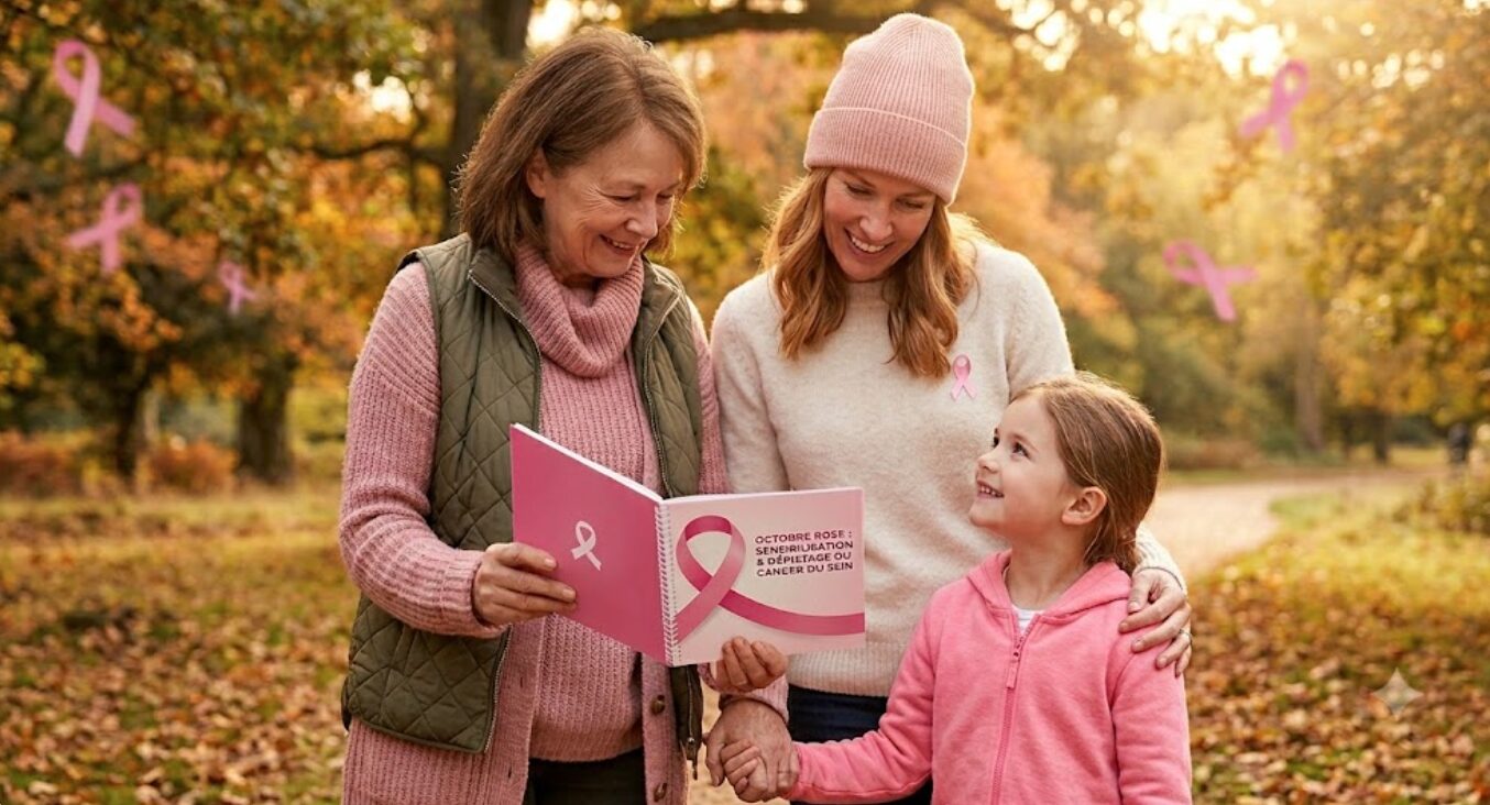 Trois générations de femmes (grand-mère, mère et petite-fille) souriantes dans un parc en automne, lisant un livret d'information sur Octobre Rose et le dépistage du cancer du sein.