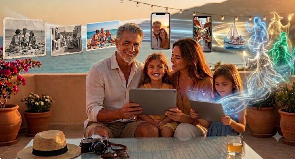 Une famille de trois générations sur une terrasse en bord de mer au coucher du soleil. Au-dessus d'eux, des flux lumineux illustrent leurs souvenirs : des photos en noir et blanc restaurées en couleur pour le grand-père, des vidéos de vacances sur smartphone pour la mère, et des silhouettes de héros en lumière subtile pour la petite fille.