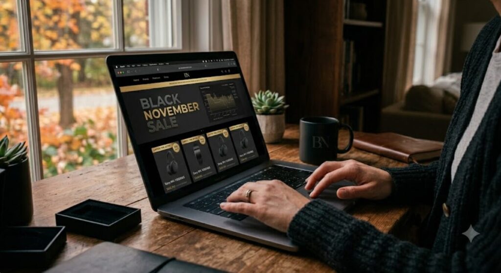 Une personne utilise un ordinateur portable sur un bureau en bois pour consulter des promotions de casques audio pendant le Black November.