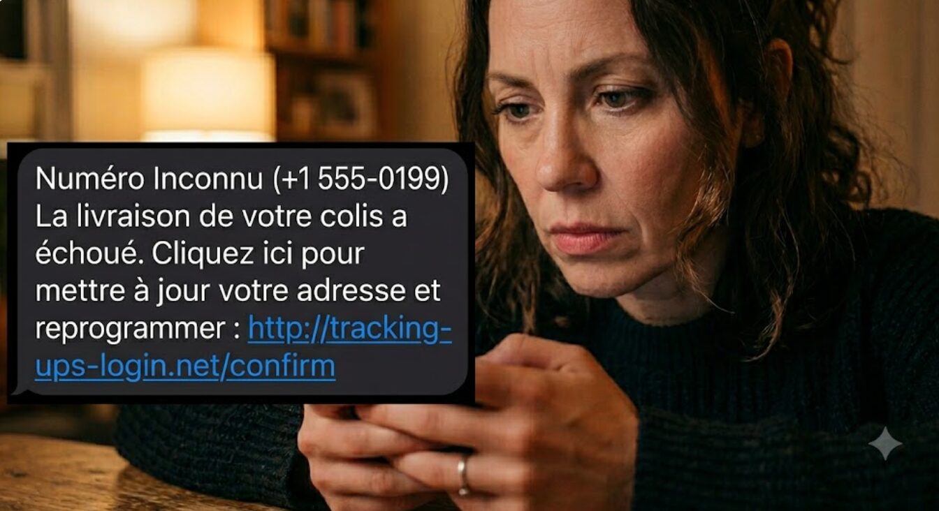 Une femme au visage inquiet regarde son smartphone, sur lequel est superposé un faux SMS de livraison de colis contenant un lien de phishing suspect.