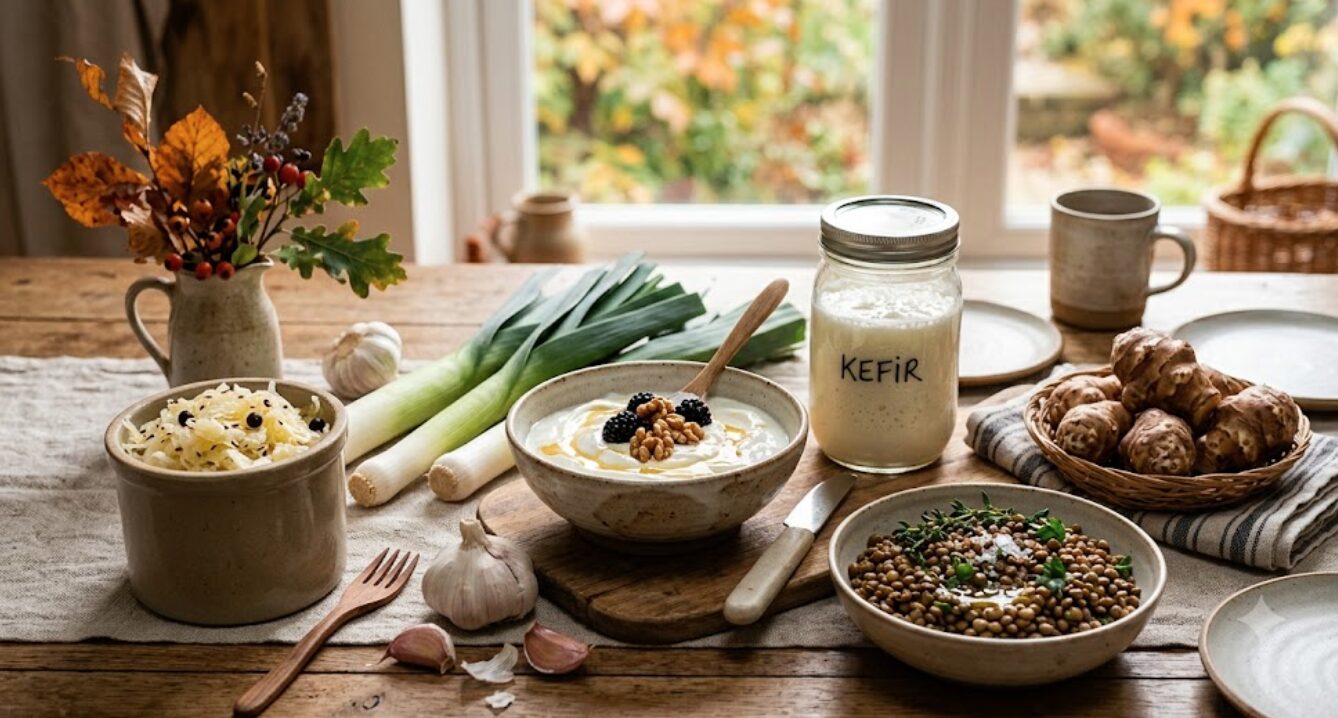 aliments fermentés et prébiotiques sur une table en bois : bocal de kéfir, bol de yaourt, choucroute, poireaux, ail, topinambours et lentilles sous une lumière naturelle d'automne.