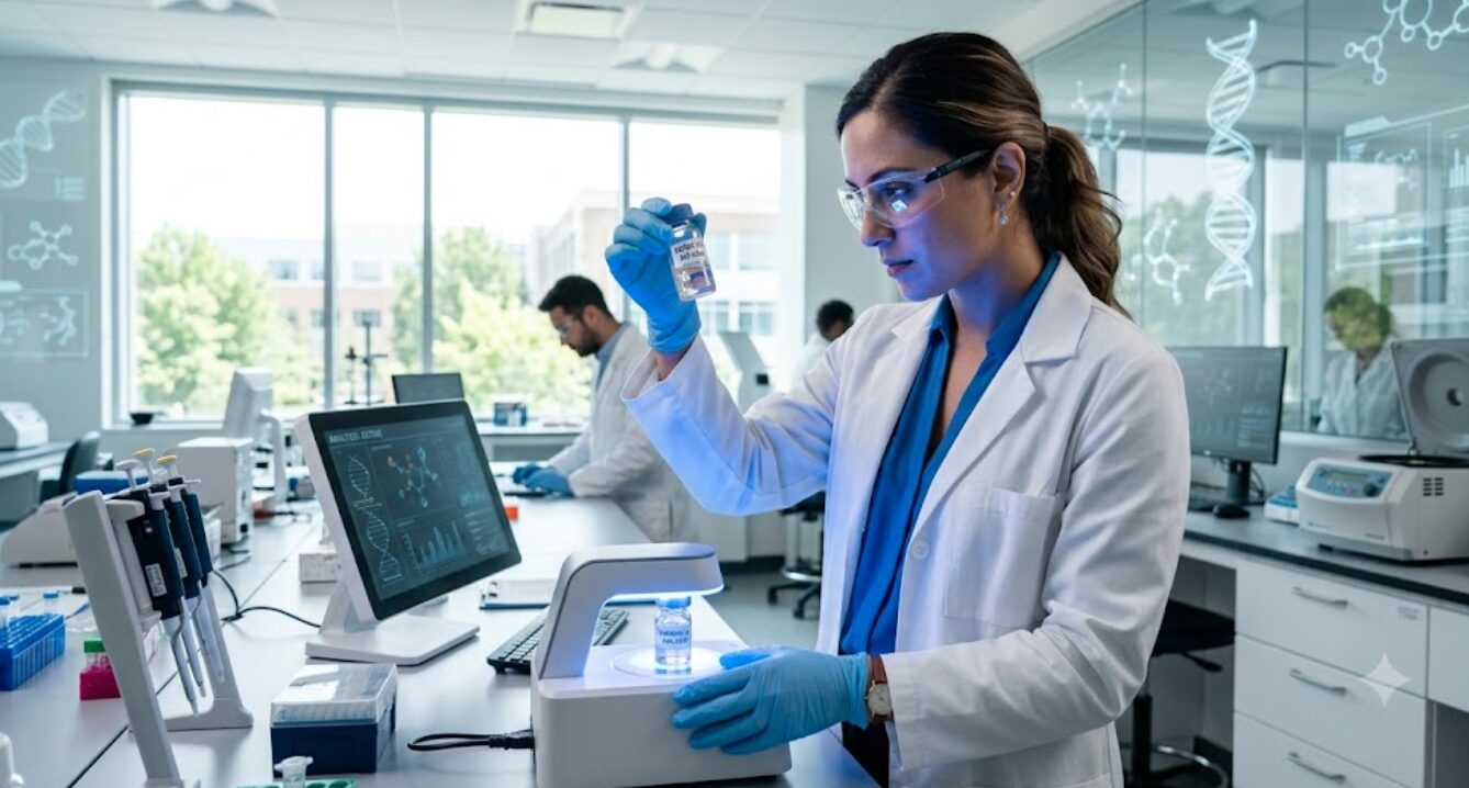Une chercheuse en blouse blanche et gants bleus examine attentivement un flacon rétroéclairé dans un laboratoire de biologie moderne et lumineux. En arrière-plan, des équipements de pointe, un collègue de travail et des graphiques de structures moléculaires et d'ADN sont visibles.