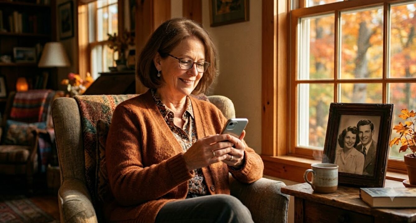 Une femme d'âge mûr, portant des lunettes et un cardigan orange, sourit en regardant l'écran de son smartphone qu'elle tient à deux mains. Elle est assise dans un fauteuil confortable dans une pièce chaleureuse au style rustique. Près d'elle, une grande fenêtre donne sur une forêt d'automne aux couleurs vives. Sur une table latérale, une tasse en céramique et un cadre photo contenant une vieille photo en noir et blanc d'un jeune couple.