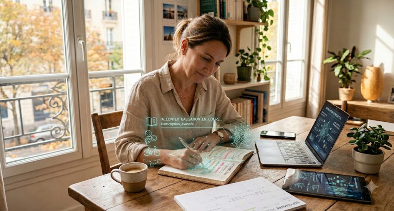 Une femme rayonnante et dynamique organise ses projets de septembre 2026 sur une table en bois lumineuse, entourée d'un ordinateur, d'un calendrier et d'une subtile interface holographique symbolisant l'assistance d'une IA bienveillante.