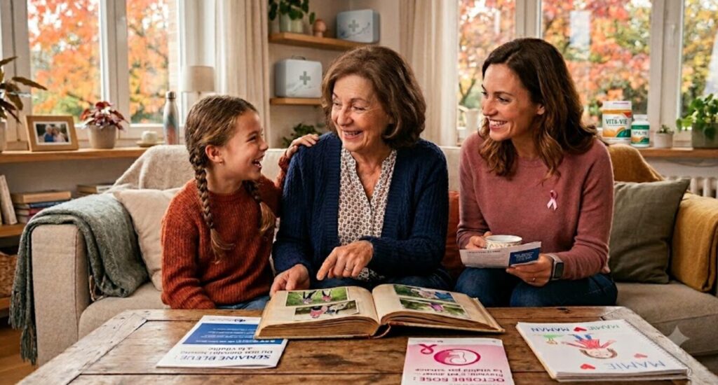 Photographie d'une grand-mère brune, d'une mère portant un ruban rose et d'une petite fille souriant ensemble autour d'un album photo dans un salon chaleureux. Sur la table basse, des brochures d'information sur la Semaine Bleue et Octobre Rose illustrent le thème de la transmission familiale et de la prévention santé.