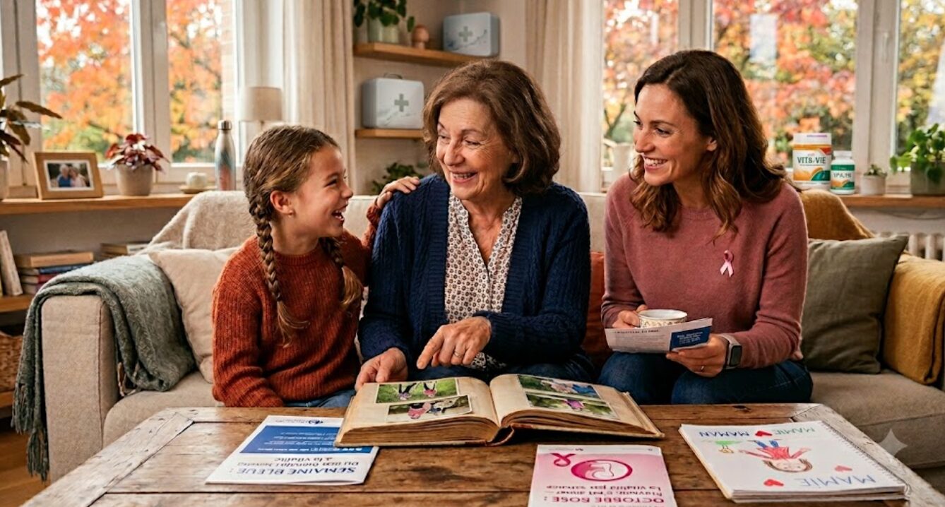 Photographie d'une grand-mère brune, d'une mère portant un ruban rose et d'une petite fille souriant ensemble autour d'un album photo dans un salon chaleureux. Sur la table basse, des brochures d'information sur la Semaine Bleue et Octobre Rose illustrent le thème de la transmission familiale et de la prévention santé.