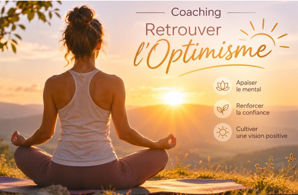Femme pratiquant la méditation et le yoga face au soleil levant pour retrouver énergie, sérénité et optimisme.