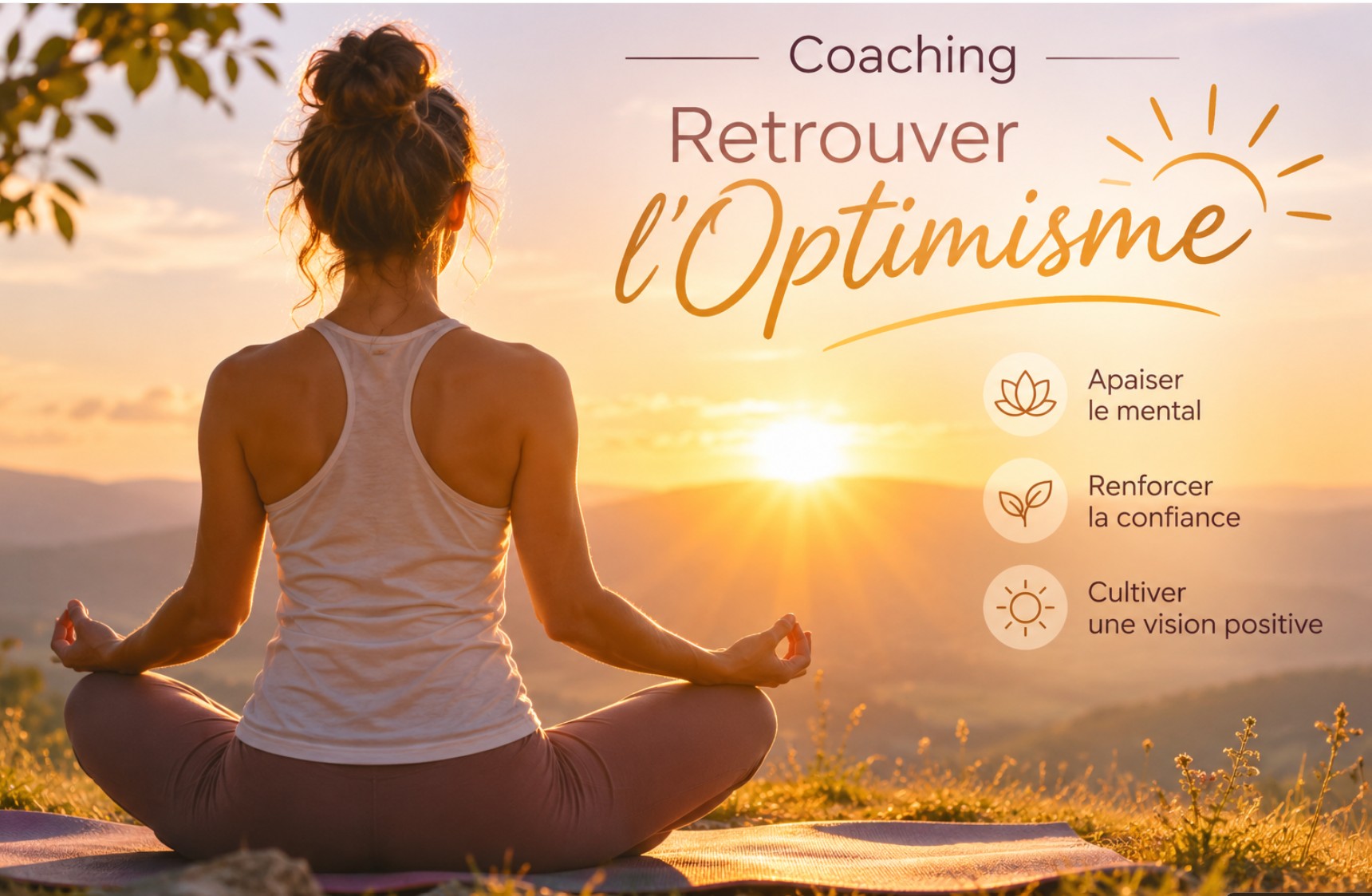 Femme pratiquant la méditation et le yoga face au soleil levant pour retrouver énergie, sérénité et optimisme.